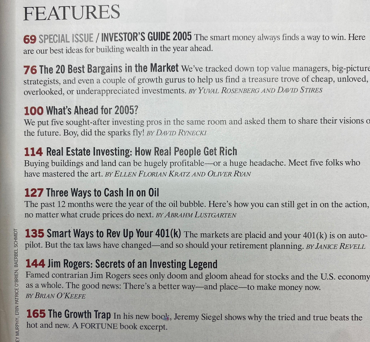 Excerpt from the December 27, 2004 issue of Fortune Magazine detailing features including Investor’s Guide 2005, real estate investment tips, and insights from Jim Rogers.
