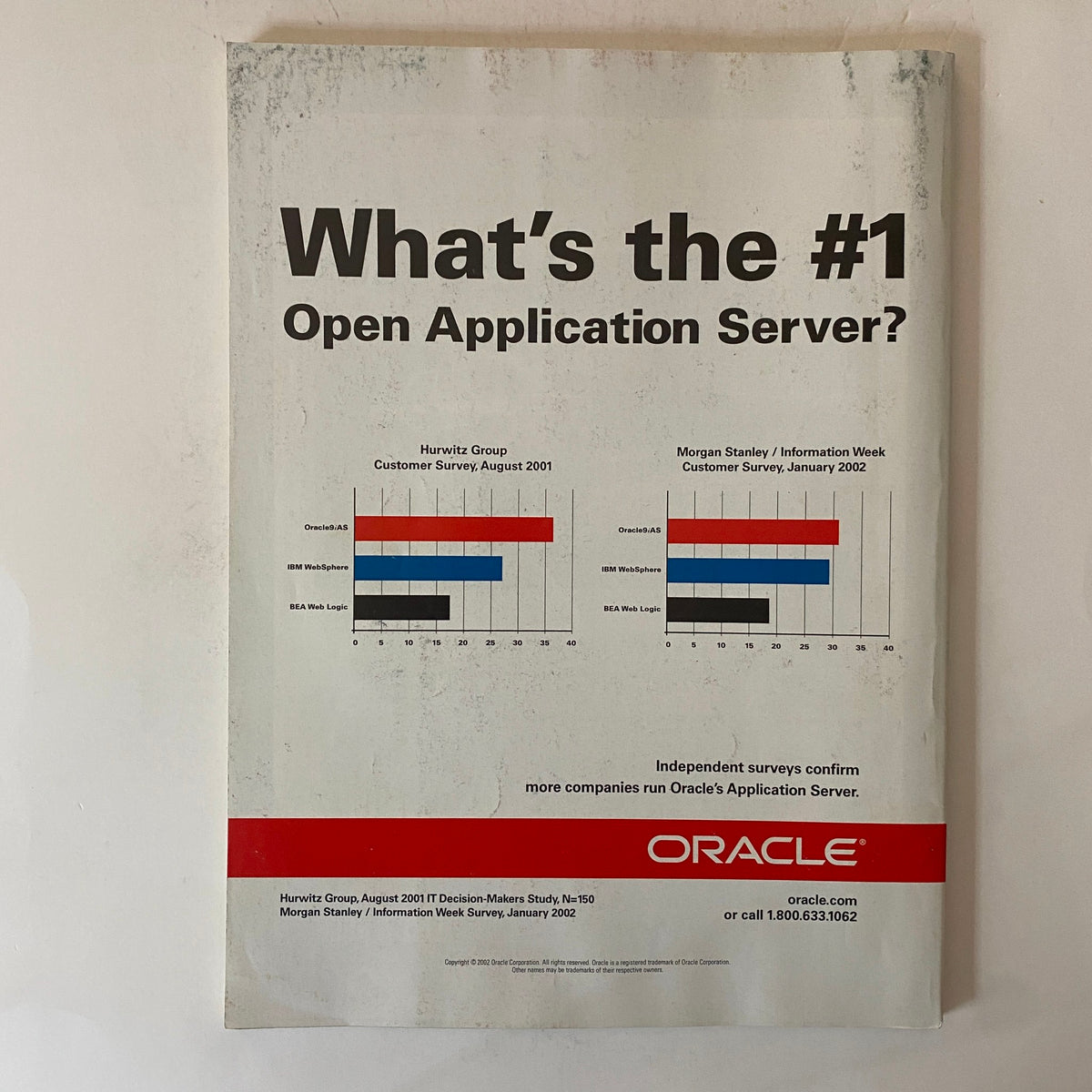 Back cover of the April 29, 2002 Fortune Magazine, advertising Oracle's application server market analysis with bar graphs.