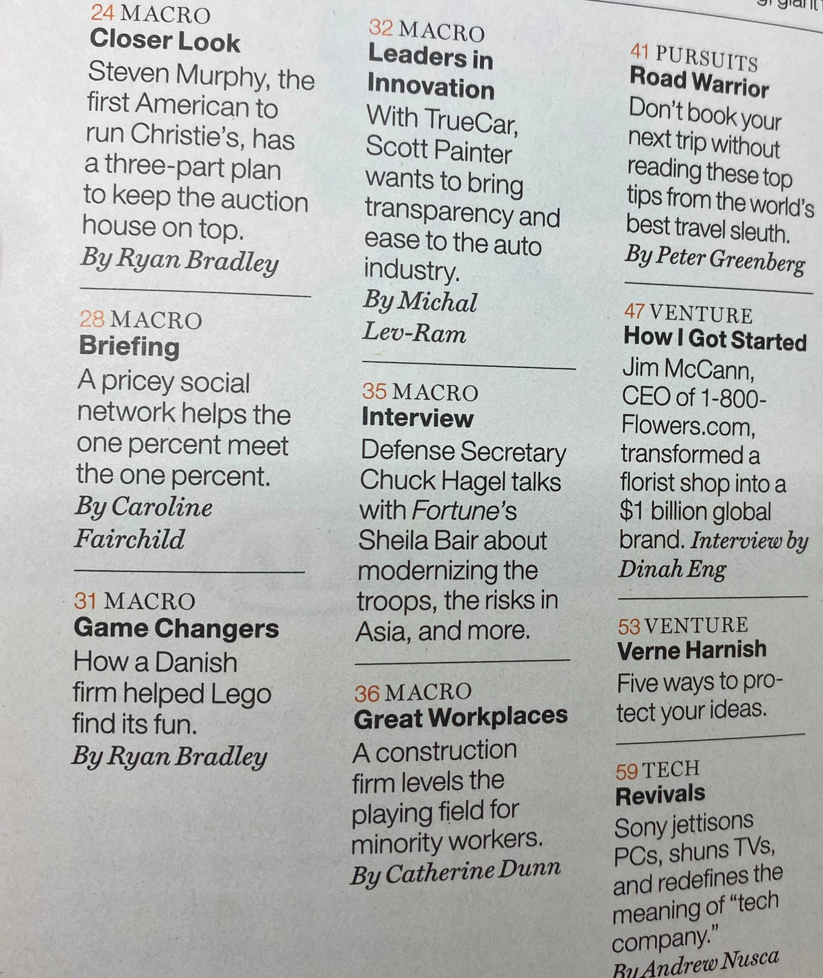 Inside page of Fortune Magazine from March 17, 2014, showcasing articles including 'Leaders in Innovation', 'Game Changers', and an interview with Defense Secretary Chuck Hagel, focusing on business leadership and innovation.
