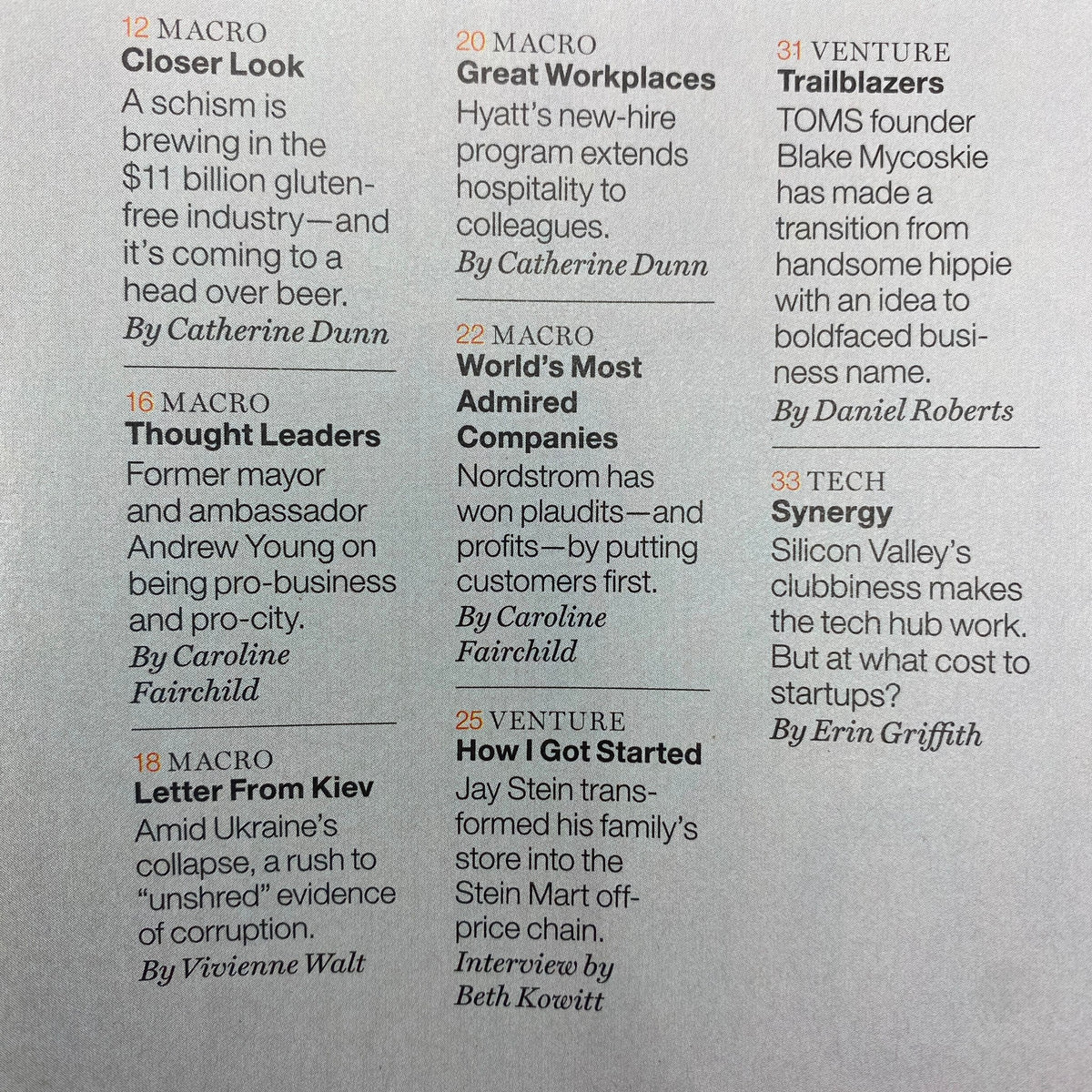Interior page from Fortune Magazine April 7, 2014, detailing macro themes including gluten-free industry insights and thought leadership features from Andrew Young.