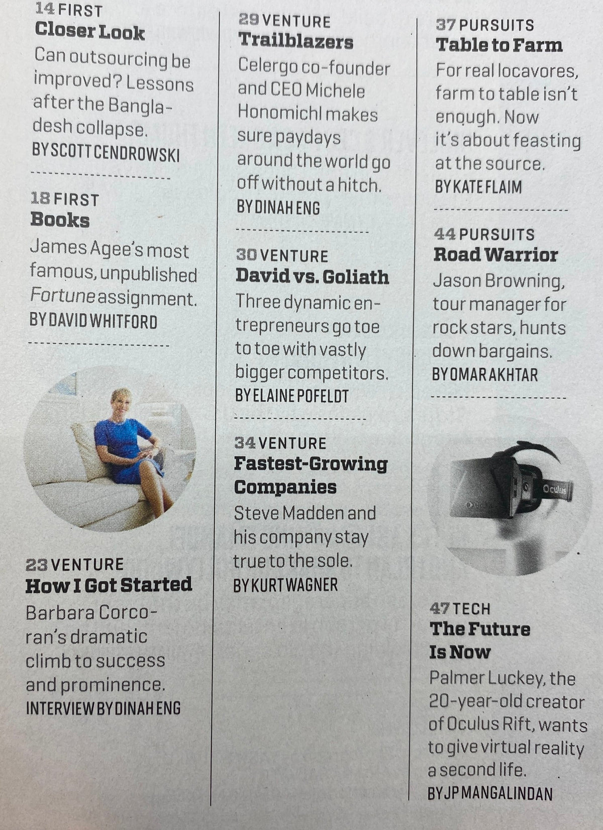 An interior page from Fortune Magazine June 10, 2013, highlighting articles such as "David vs. Goliath" and "Fastest-Growing Ventures" that delve into significant business stories and entrepreneurial insights.
