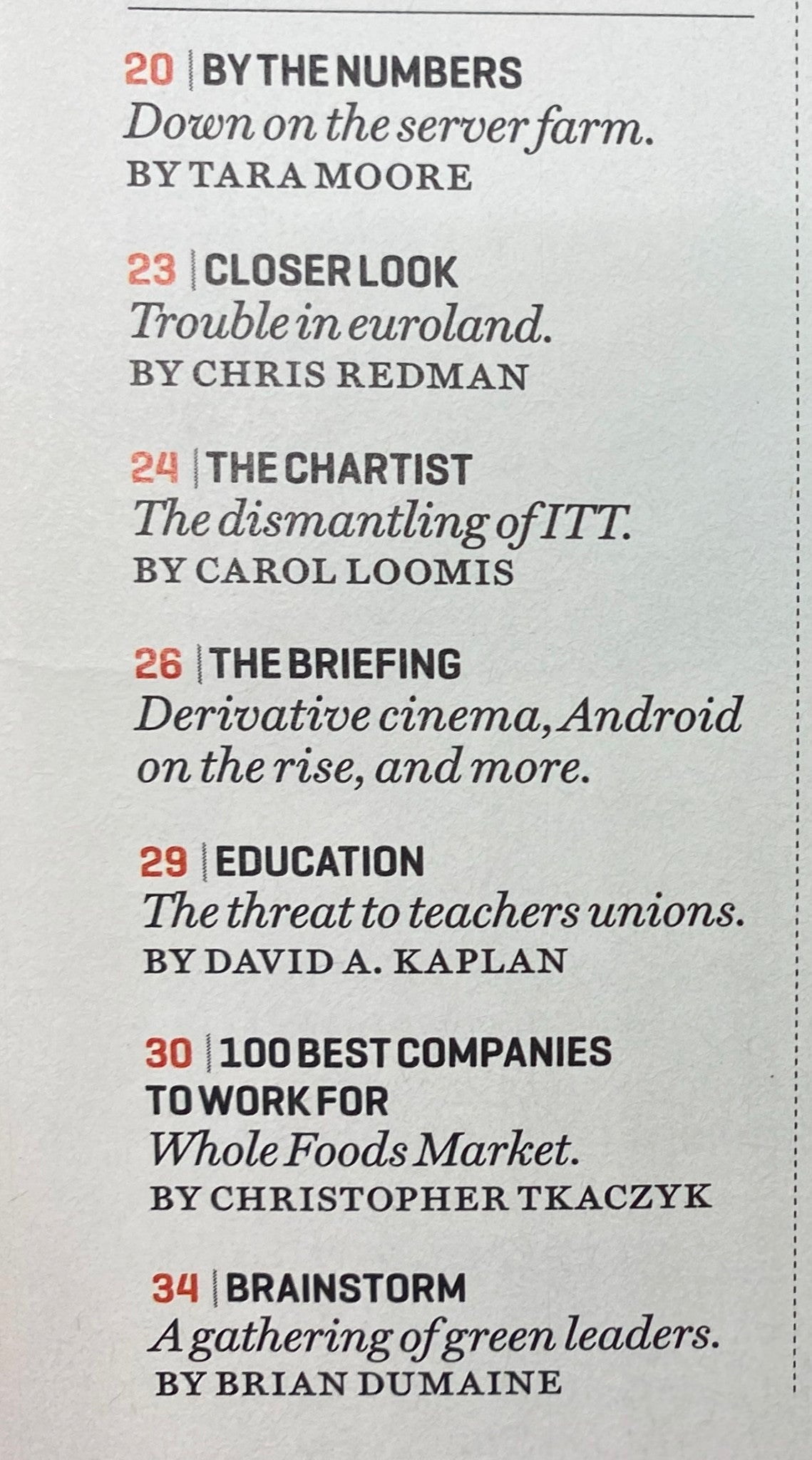 Table of contents from the Fortune Magazine May 23, 2011 Double Issue, featuring articles such as 'Down on the server farm' and 'Trouble in euroland', showcasing key topics covered.