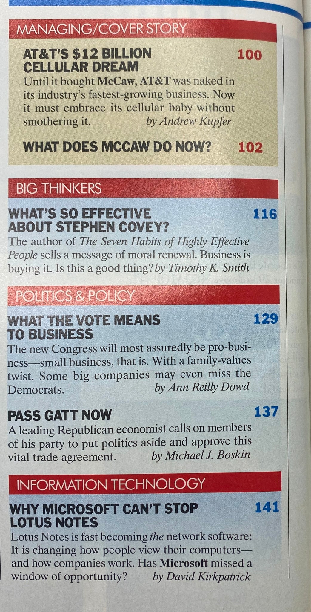 Table of contents from Fortune Magazine, December 12, 1994, highlighting the cover story 'AT&T's $12 Billion Cellular Dream' and articles about Stephen Covey and business insights.