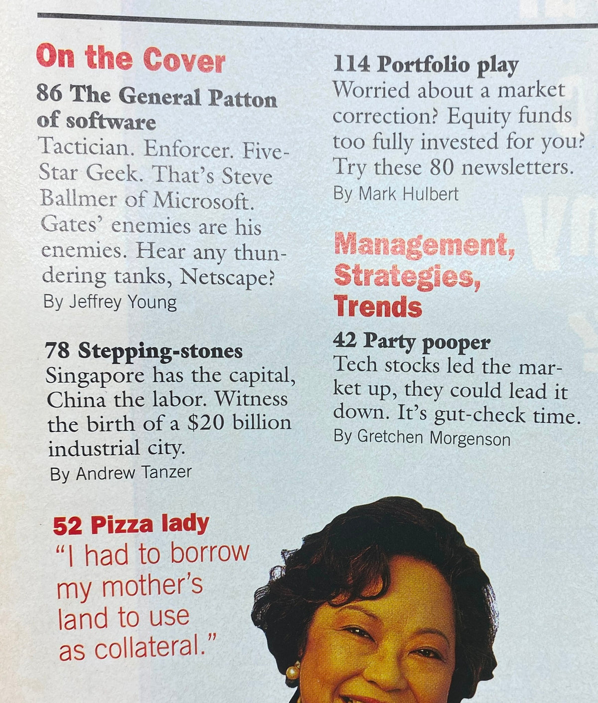 Inside page of Forbes Magazine January 27, 1997 detailing articles including 'The General Patton of software' about Steve Ballmer, 'Stepping-stones' about Singapore's economy, and other notable topics from the issue.