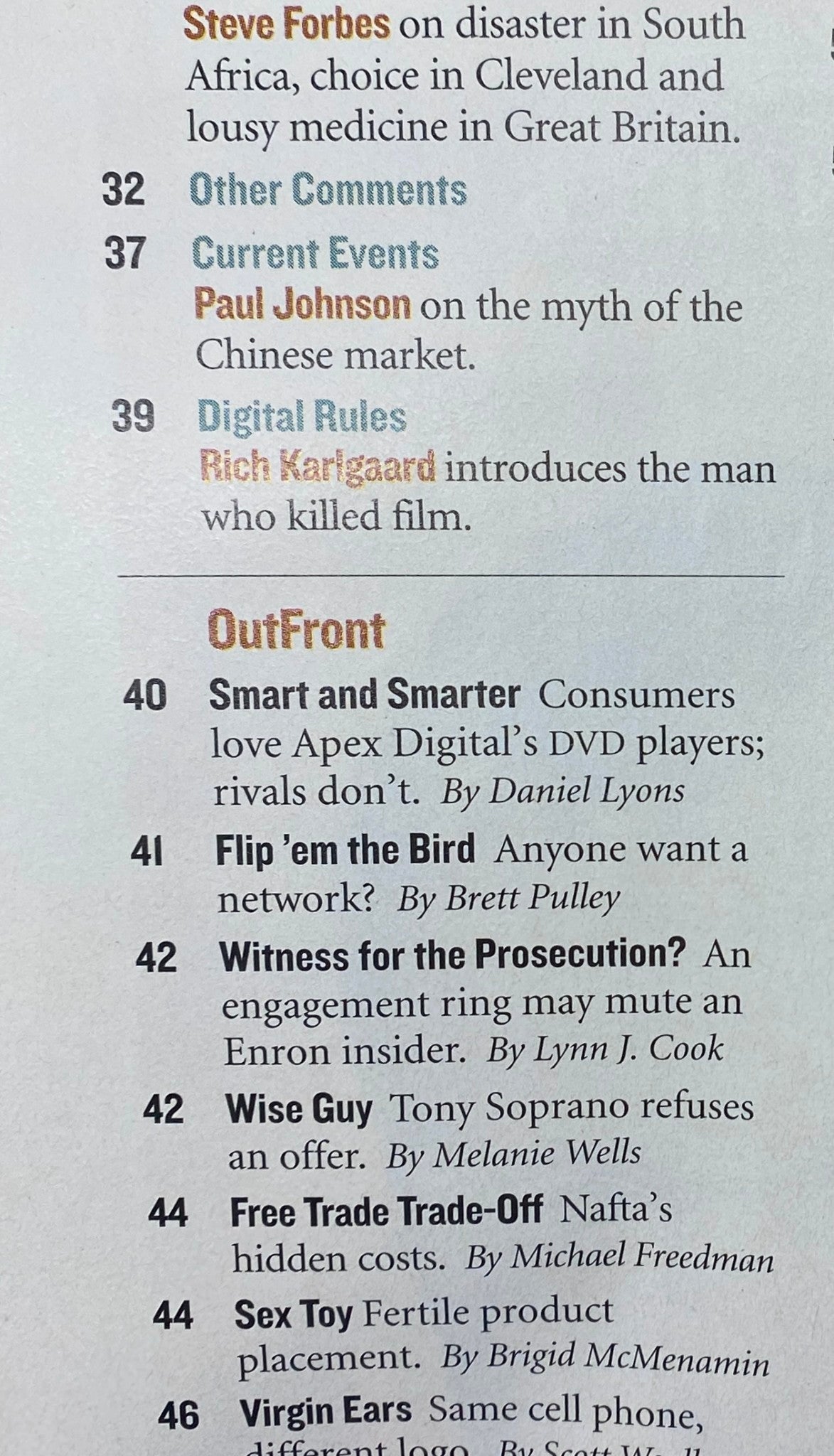 Inside page of Forbes Magazine March 18, 2002 with article highlights, including contributions from Steve Forbes and insights on technology and consumer trends.