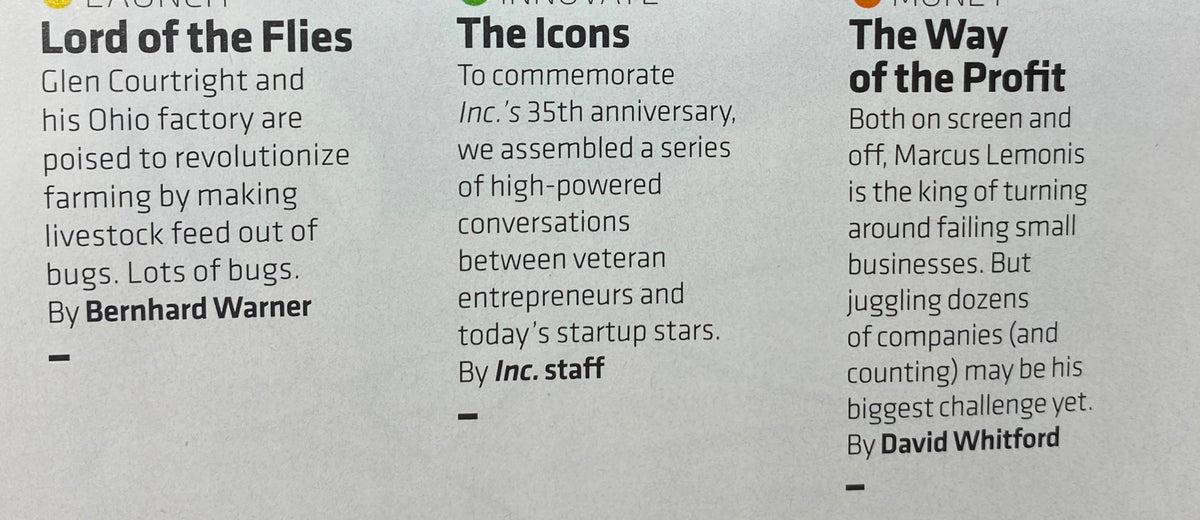 Inside editorial from Inc. Magazine October 2014 showcasing articles 'Lord of the Flies,' 'The Icons,' and 'The Way of the Profit' related to innovative business practices.