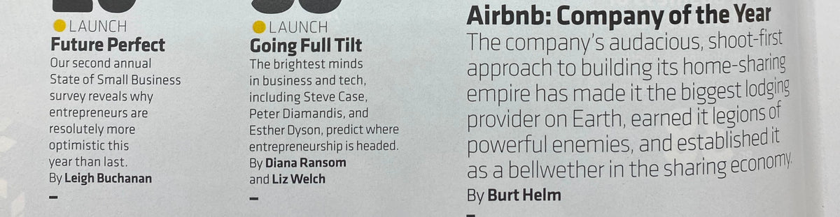 Article excerpt from Inc. Magazine December 2014 discussing Airbnb's impact as Company of the Year, written by Burt Helm.