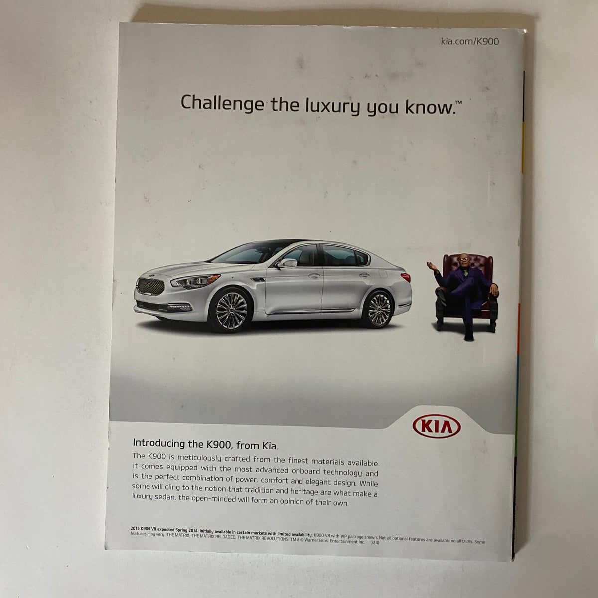 Advertisement for the Kia K900 from Inc. Magazine June 2014, promoting the vehicle's luxury features and craftsmanship, emphasizing its power, comfort, and elegant design.