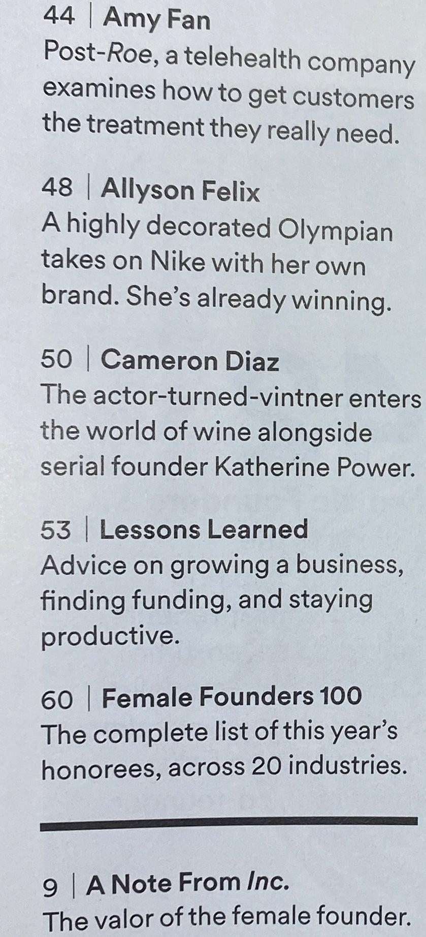 Page from Inc. Magazine October 2022 highlighting articles on Amy Fan and Cameron Diaz, focusing on entrepreneurship and business growth.