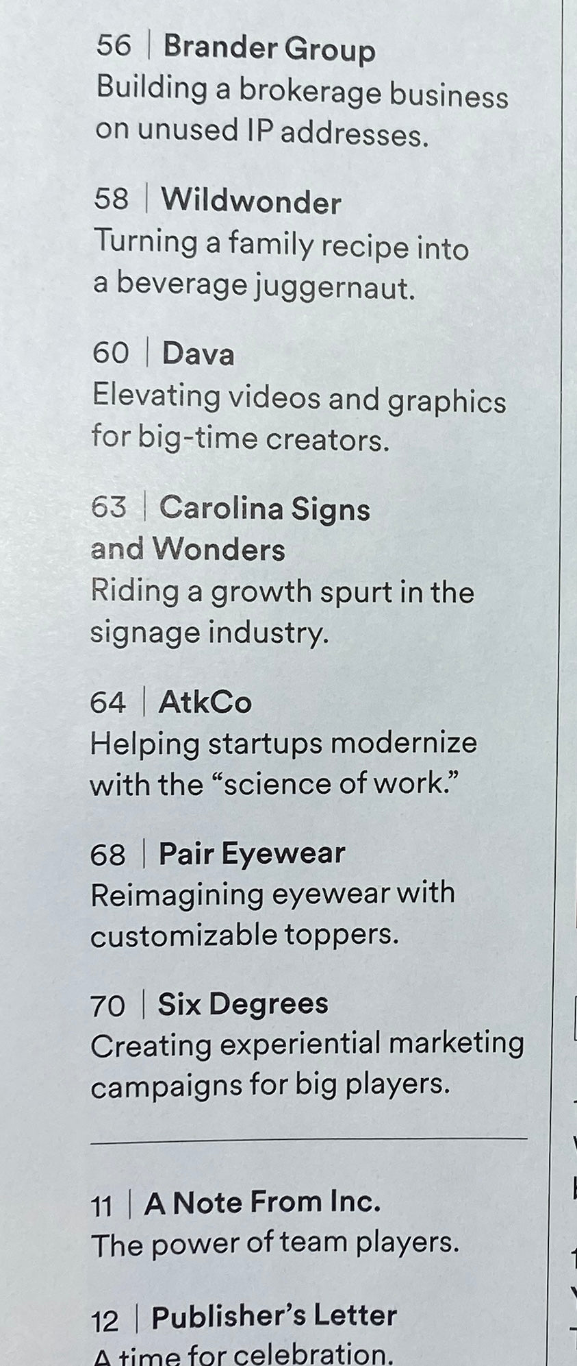 Inside page of Inc. Magazine March 2024 highlighting various business topics including innovation and entrepreneurship.