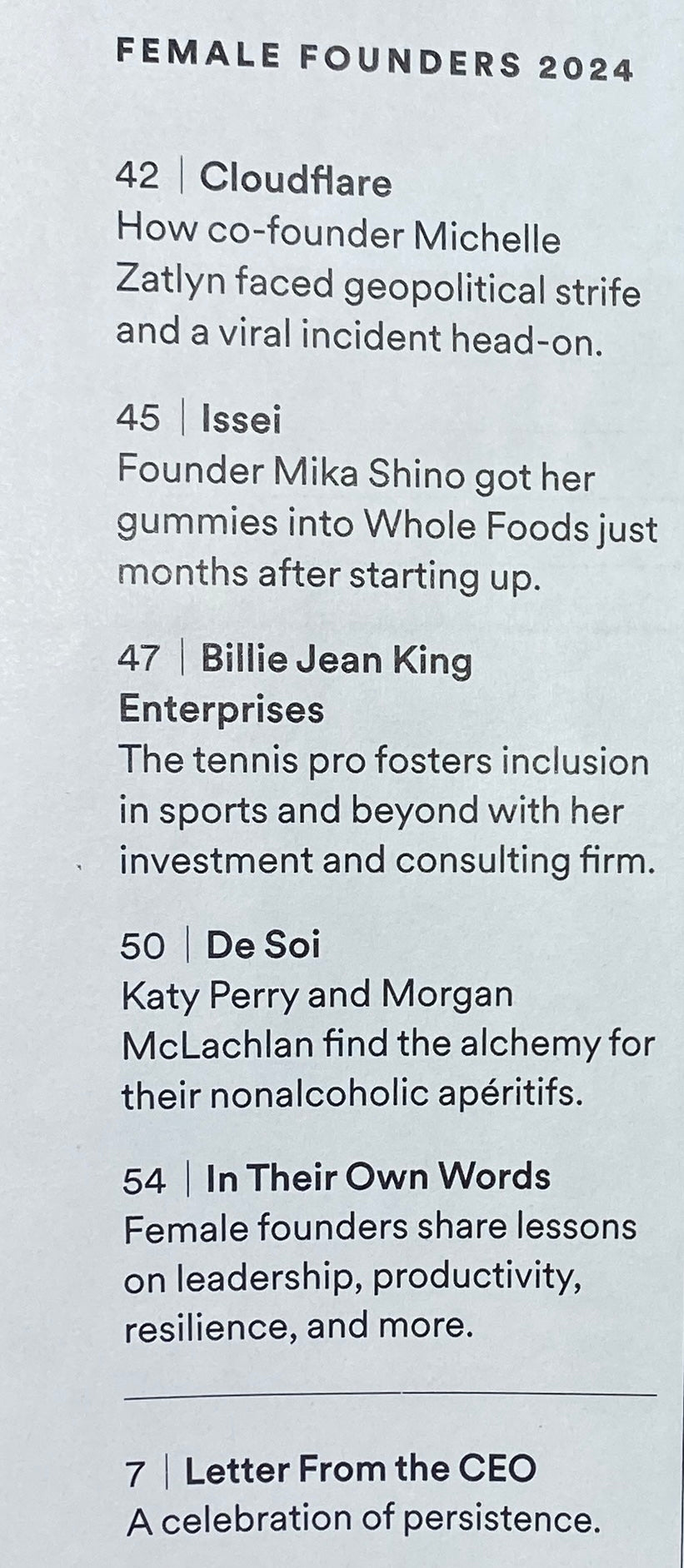Inside spread of Inc. Magazine April 2024 detailing profiles on female founders including Cloudflare's Michelle Zatlyn, Issei's Mika Shino, Billie Jean King's Enterprises, and Katy Perry and Morgan McLachlan's De Soi.