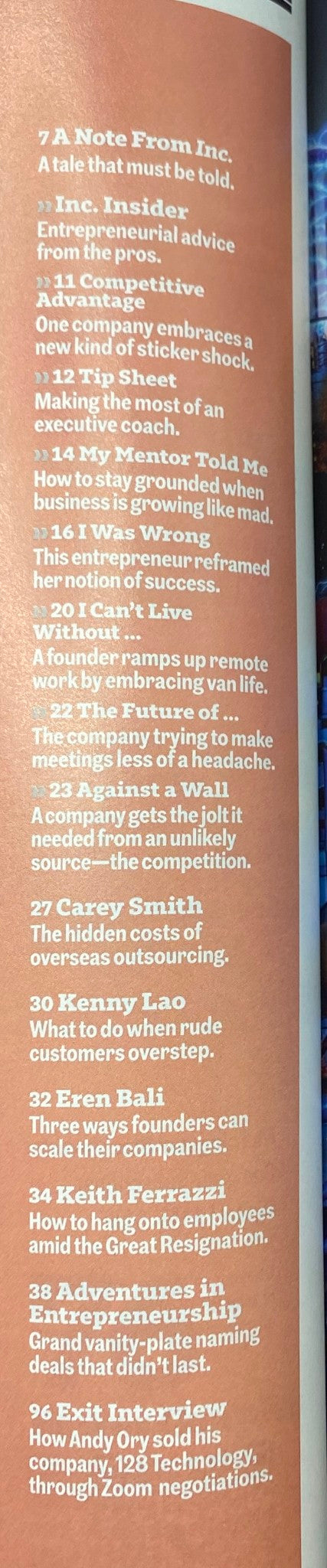 Interior page from Inc. Magazine March / April 2022 featuring a note from Inc. discussing entrepreneurial advice, including diverse themes around business success and strategy.