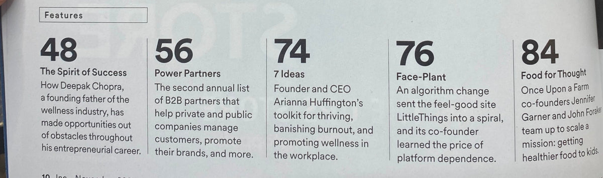 Inc. Magazine November 2023 features section, including topics such as 'The Spirit of Success' and insights from Deepak Chopra on overcoming obstacles in entrepreneurship.