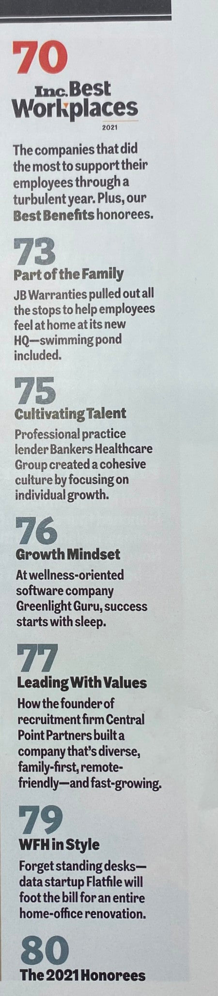 Interior page 70 of Inc. Magazine May/June 2021 detailing 'The Best Workplaces 2021' that supported their employees through turbulent times.
