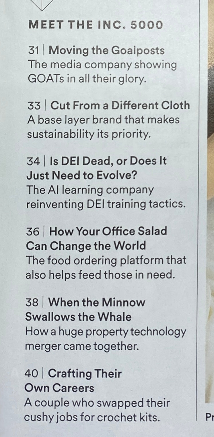 Interior page of Inc. Magazine September 2024 detailing features of the Inc. 5000 including topics on sustainability, DEI training, and business innovation.