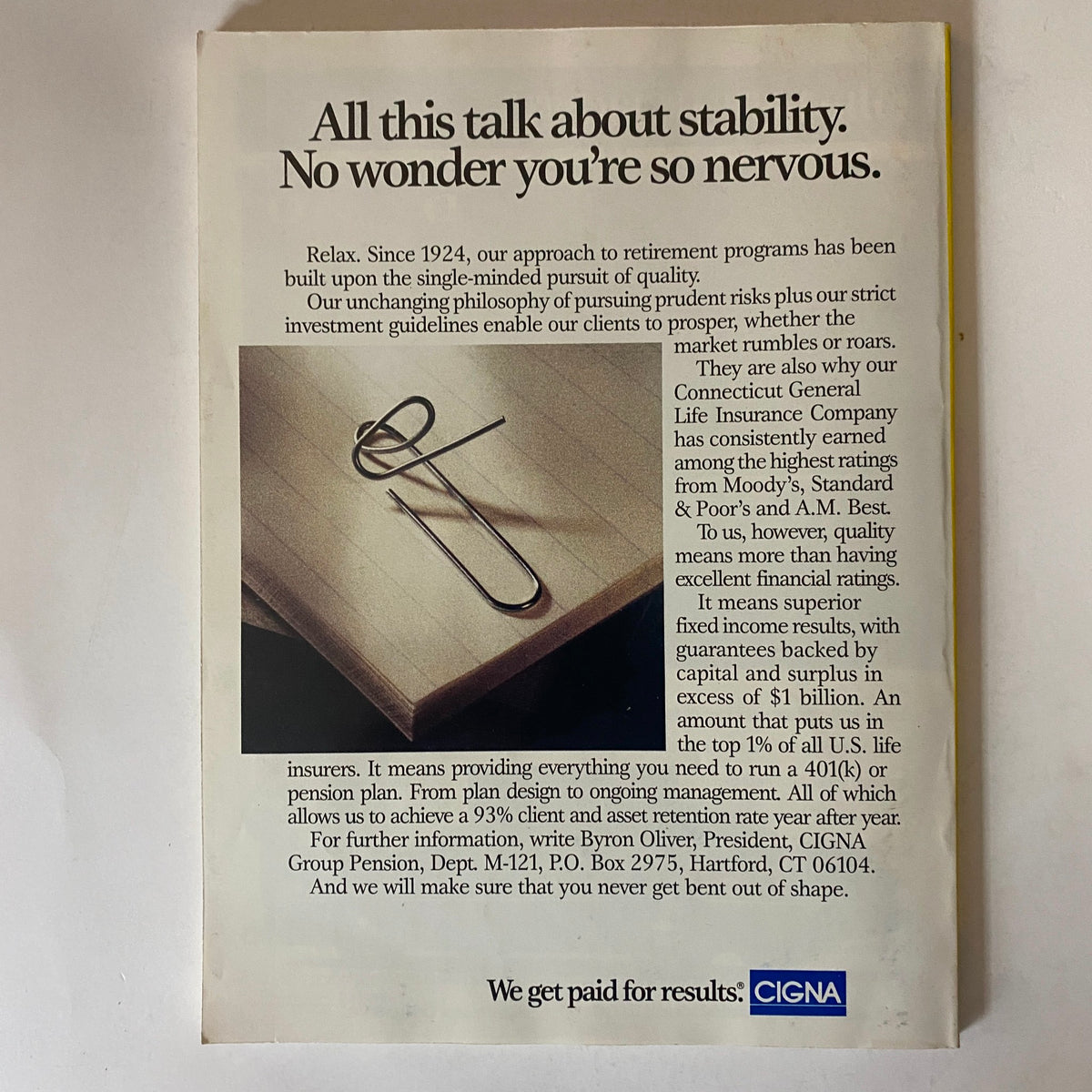 BusinessWeek Magazine October 25, 1991 The Quality Imperative - An advertisement discussing financial stability and retirement programs, featuring a paperclip on a notebook background, emphasizing quality investment strategies by Cigna.