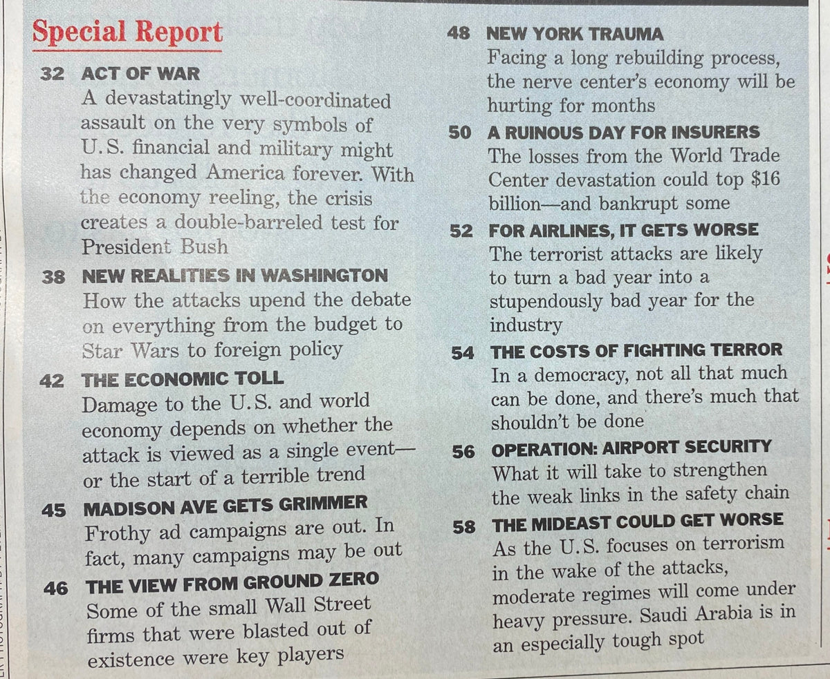 Inside page of BusinessWeek Magazine September 24, 2001, showcasing the special report 'Act of War' with headlines on U.S. military actions, economic impacts, and insights into post-September 11 policy changes.