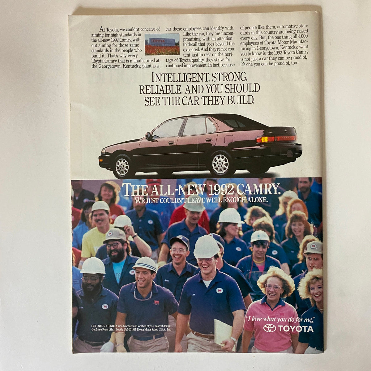 Advertisement for the 1992 Toyota Camry featured in BusinessWeek Magazine from August 10, 1992, emphasizing Toyota's commitment to quality and hardworking employees.