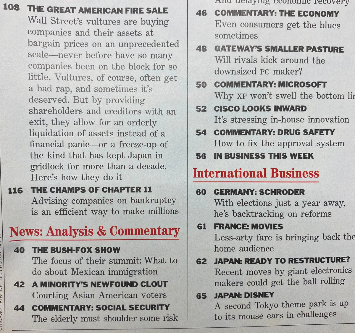 Interior page of BusinessWeek Magazine September 10, 2001 showcasing articles like 'THE GREAT AMERICAN FIRE SALE' and 'THE CHAMPS OF CHAPTER 11'.