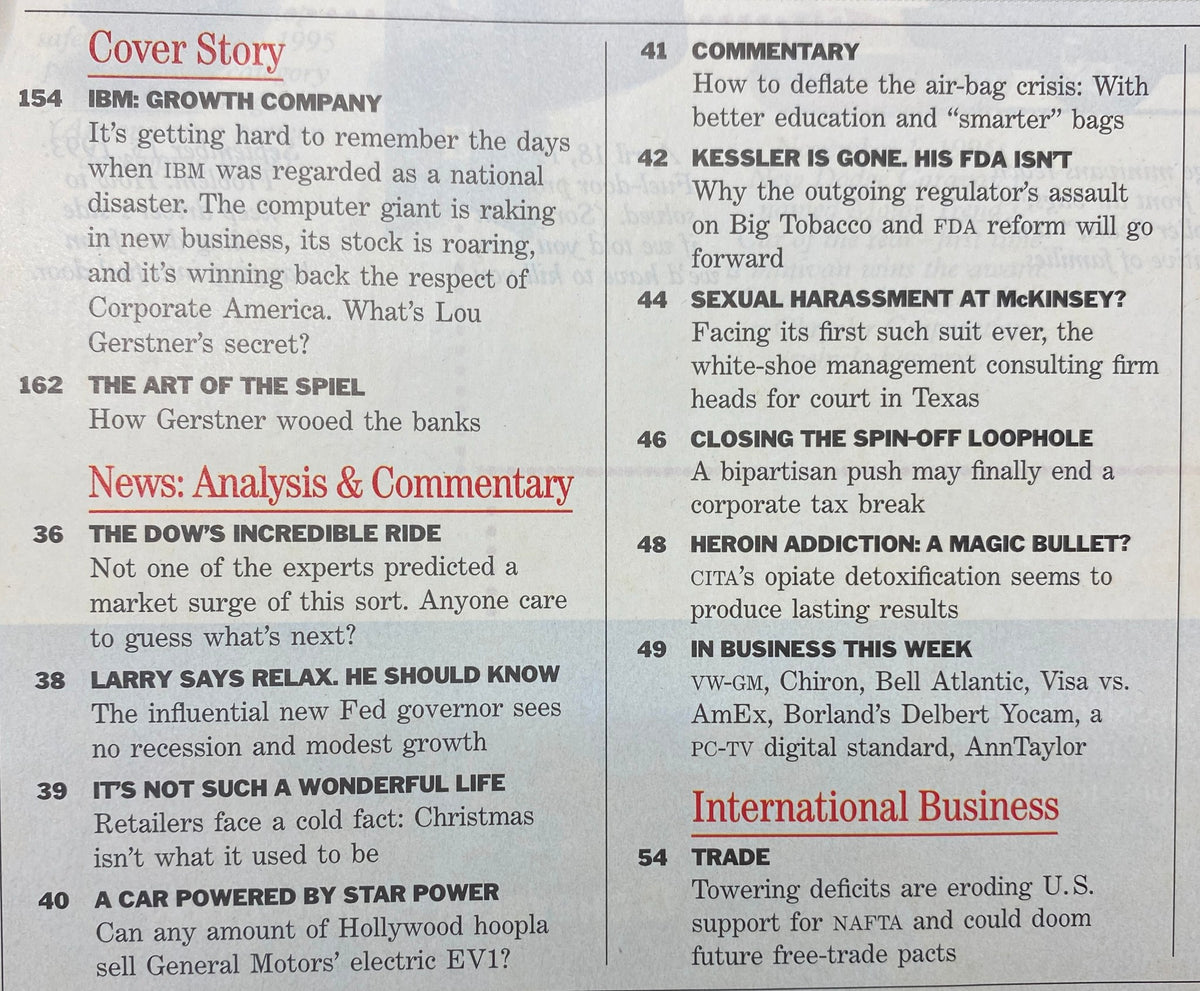 Table of contents from BusinessWeek Magazine December 9, 1996, outlining articles including IBM's growth story and various analyses on market trends.