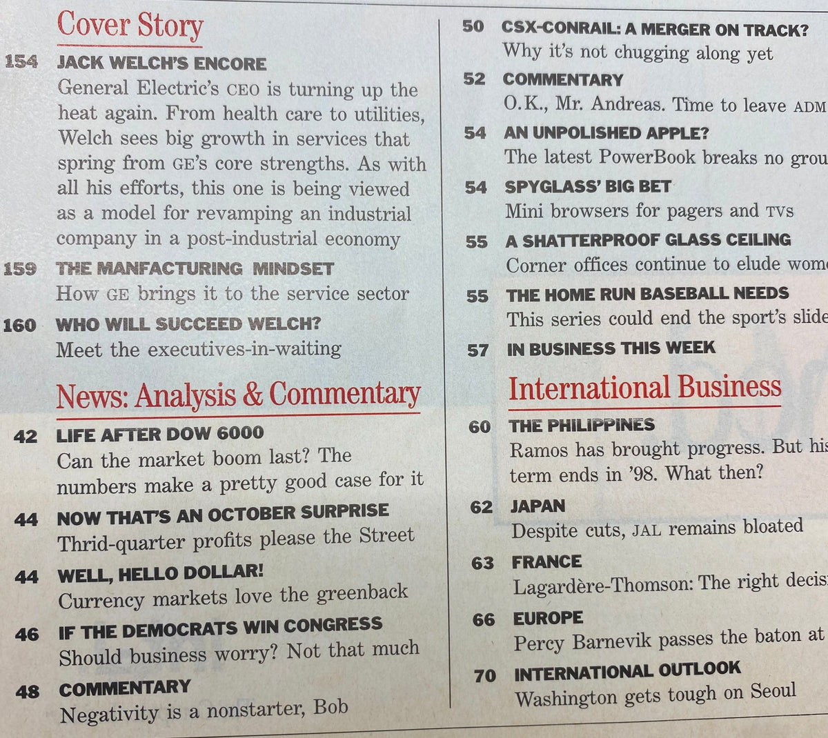 Table of contents from BusinessWeek Magazine October 28, 1996 showcasing articles on Jack Welch, market analysis, and international business topics.