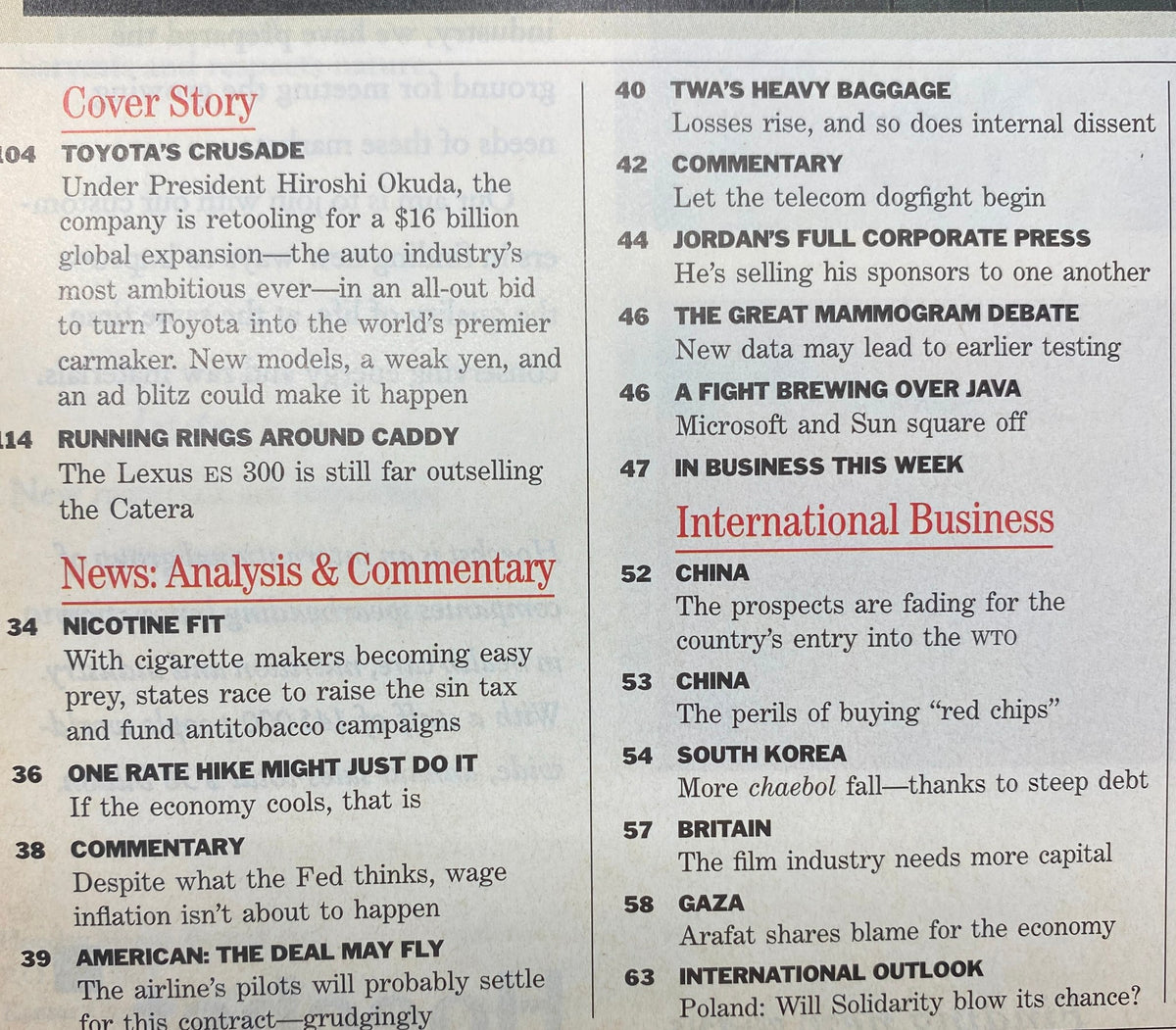Contents page of BusinessWeek Magazine, April 7, 1997, listing articles including 'Toyota's Crusade' focused on Toyota's global expansion and competitive strategies in the auto industry.