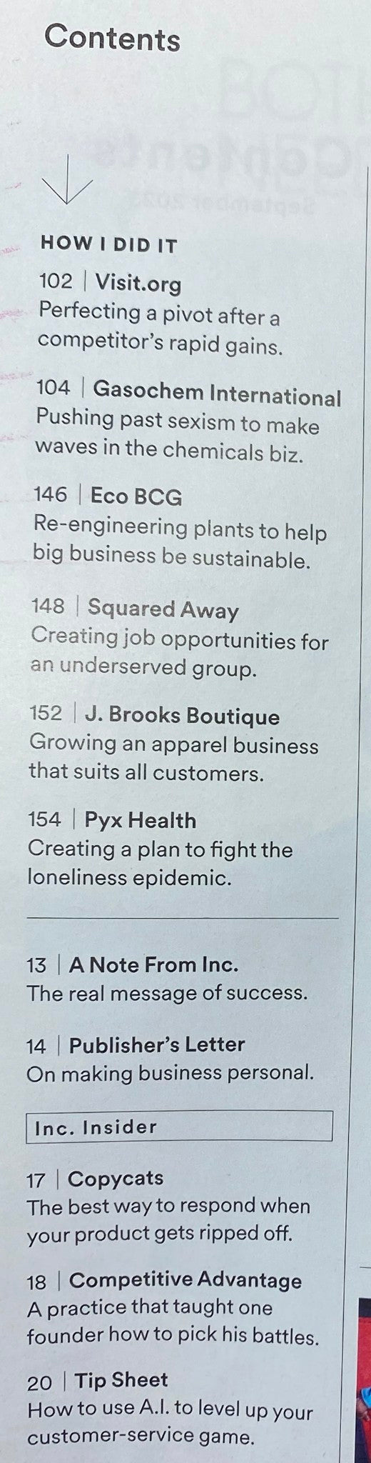 Table of contents from BusinessWeek Magazine September 2023, outlining key articles like 'Perfecting a Pivot' and 'Eco BCG' related to entrepreneurial success.
