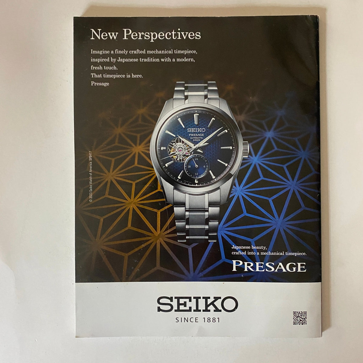 Back cover of BusinessWeek Magazine September 2023 showcasing an advertisement for Seiko Presage, emphasizing craftsmanship and Japanese tradition.