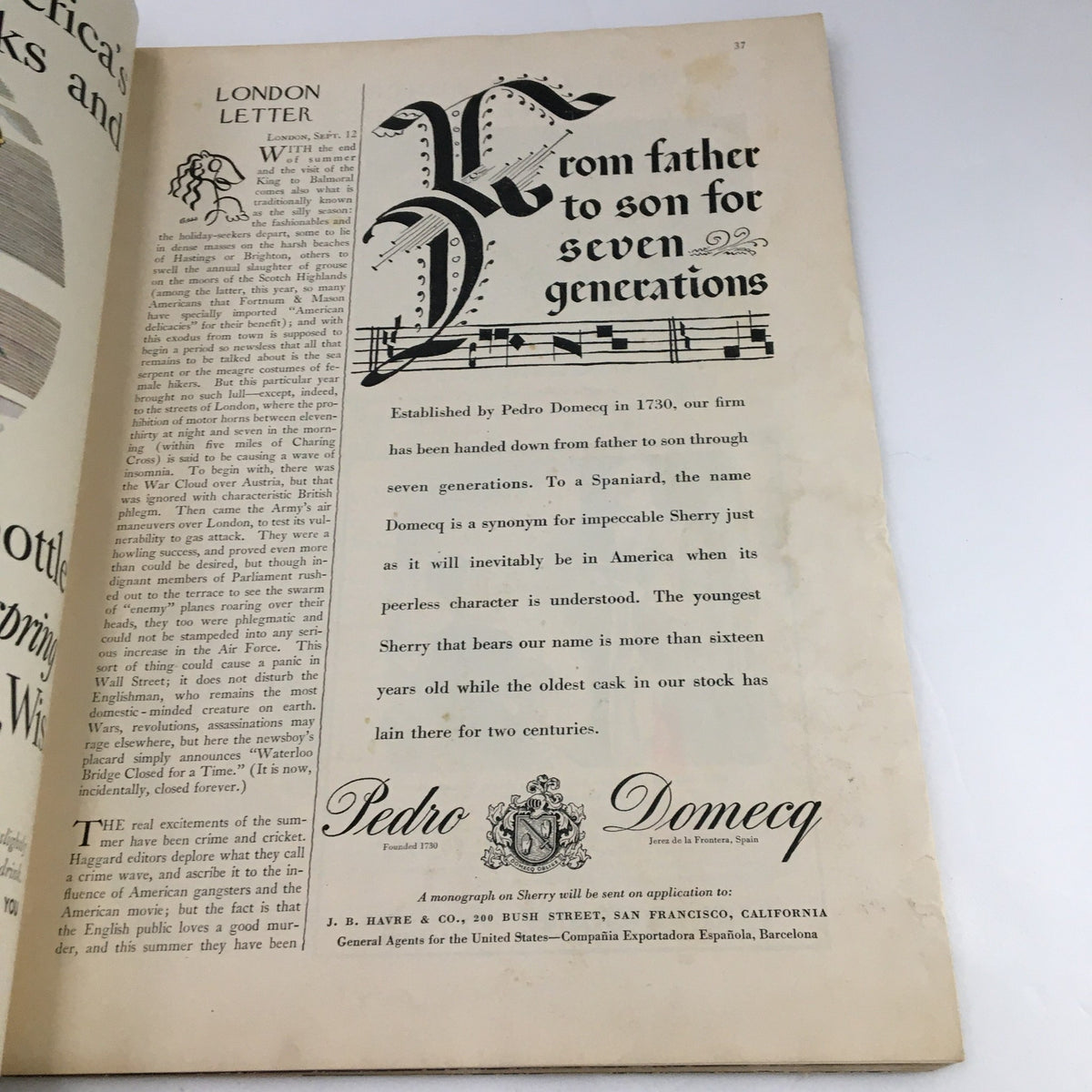 The New Yorker Magazine September 22 1934 showcasing a page titled 'London Letter' discussing sherry, with a decorative font and musical notes.