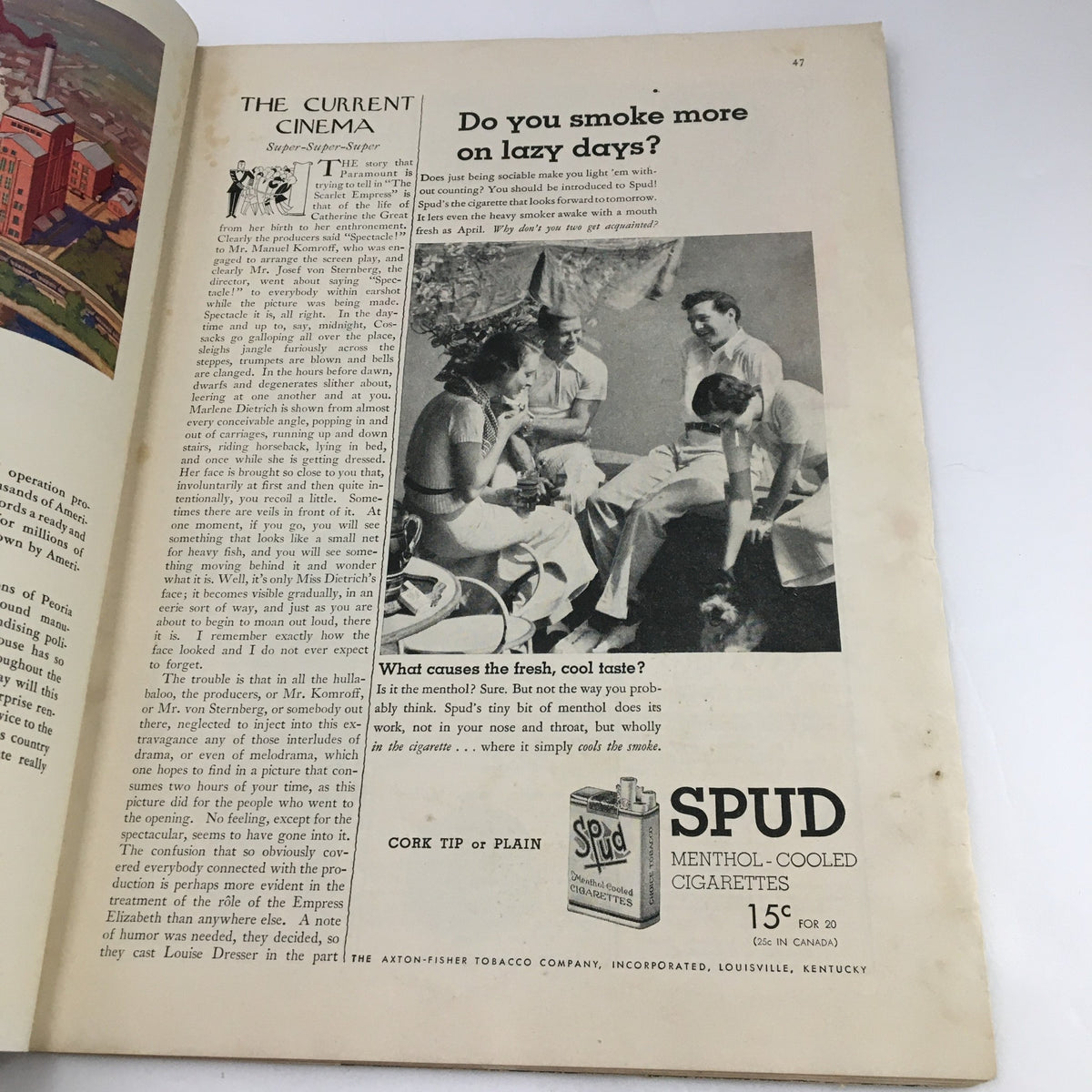The New Yorker Magazine September 22 1934 featuring an interior advertisement discussing Spud menthol-cooled cigarettes, showcasing vintage imagery and text.
