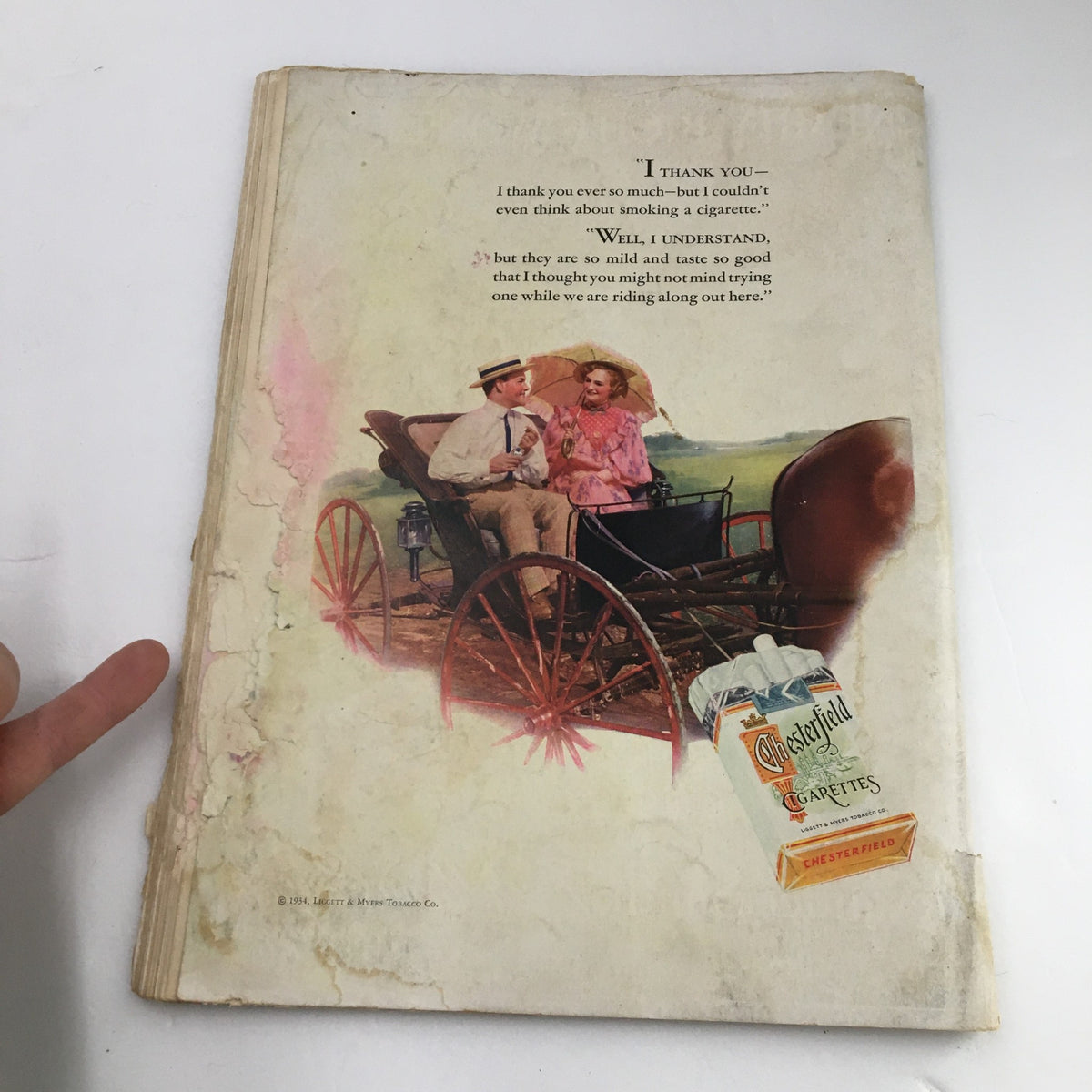 The New Yorker Magazine September 22 1934 showing a vintage advertisement with a couple in a horse-drawn carriage promoting Chesterfield cigarettes, reflecting early 20th-century aesthetics.