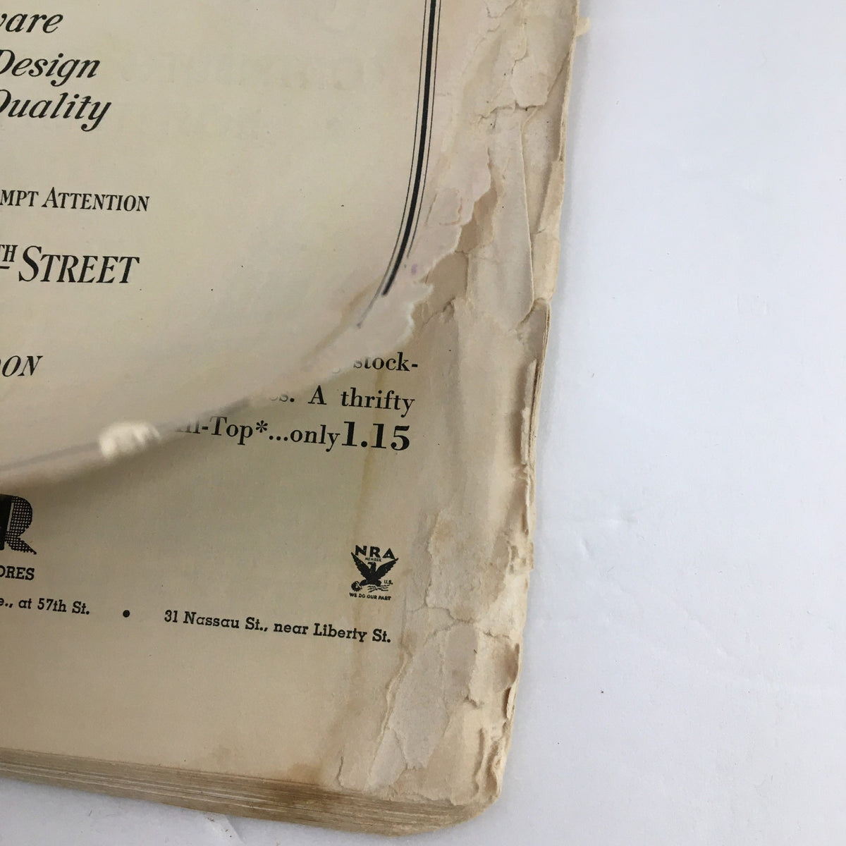 Detail of the back cover of The New Yorker Magazine October 13 1934, displaying signs of wear and tear, emphasizing its vintage condition and historical significance.
