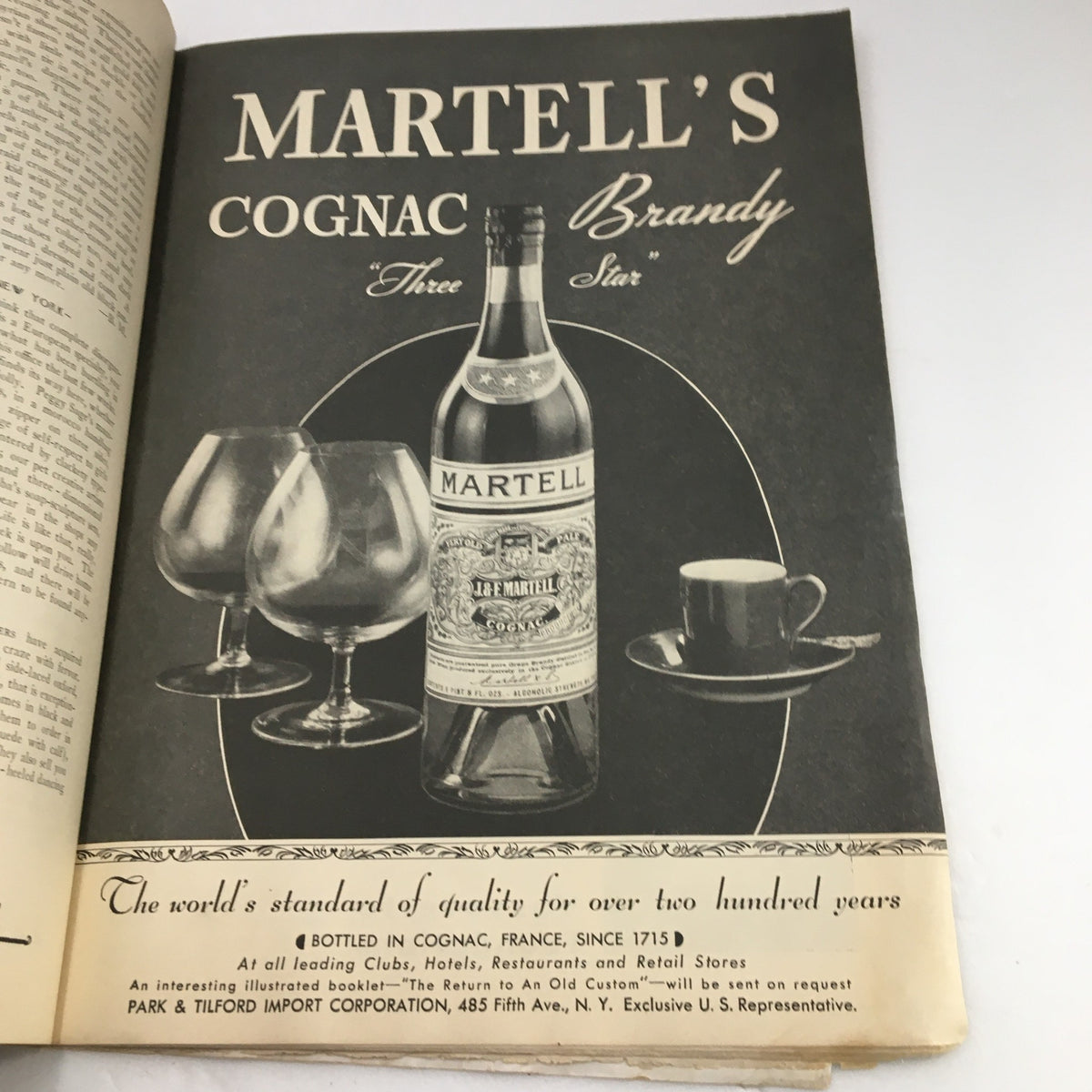 Martell's Cognac Brandy advertisement from The New Yorker Magazine October 13 1934, emphasizing its quality and history since 1715.