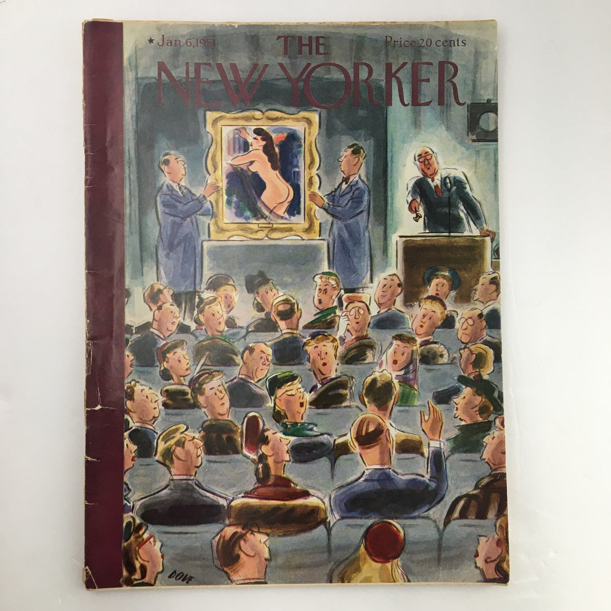 The New Yorker Magazine January 6 1951 Full Theme Cover by Leonard Dove, showcasing an illustrated scene with an audience in a gallery setting captivated by an artwork, reflecting the artistic style of the early 1950s.