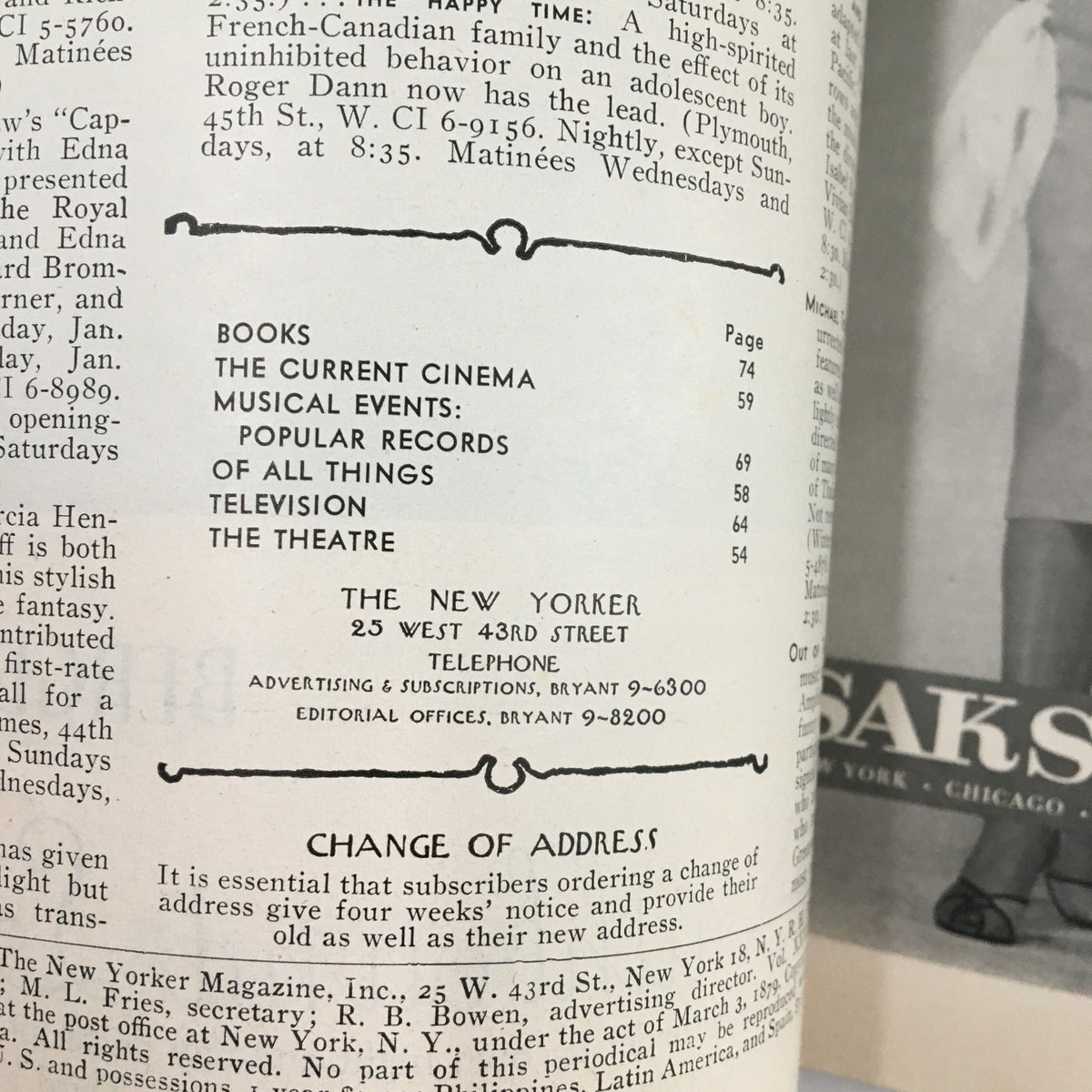 Interior page of The New Yorker Magazine January 6, 1951 featuring the contents and advertisements, showcasing its vintage aesthetic.