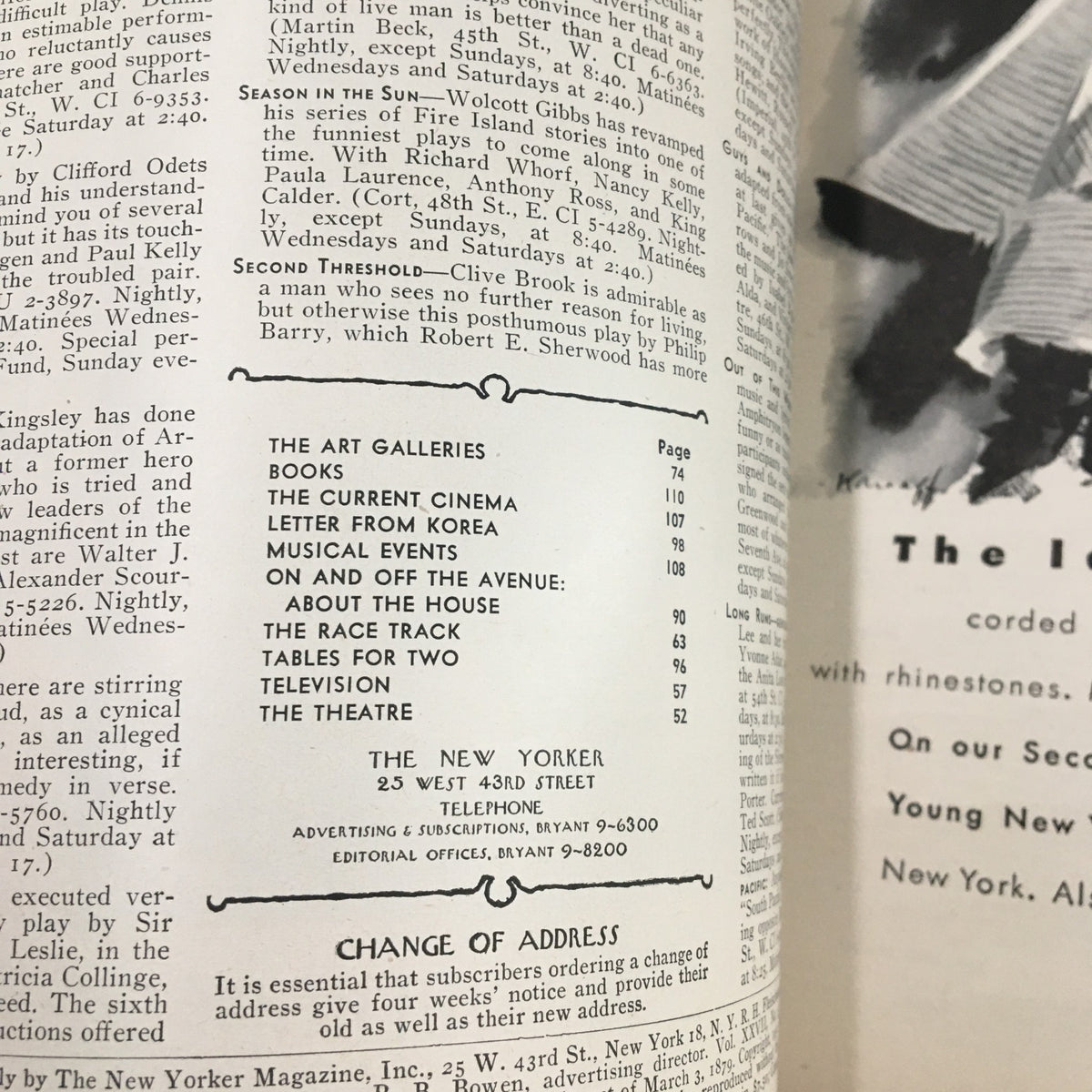 Inside page from The New Yorker Magazine March 17 1951 showing contents and advertisements, featuring discussions on theater, cinema, and cultural events.