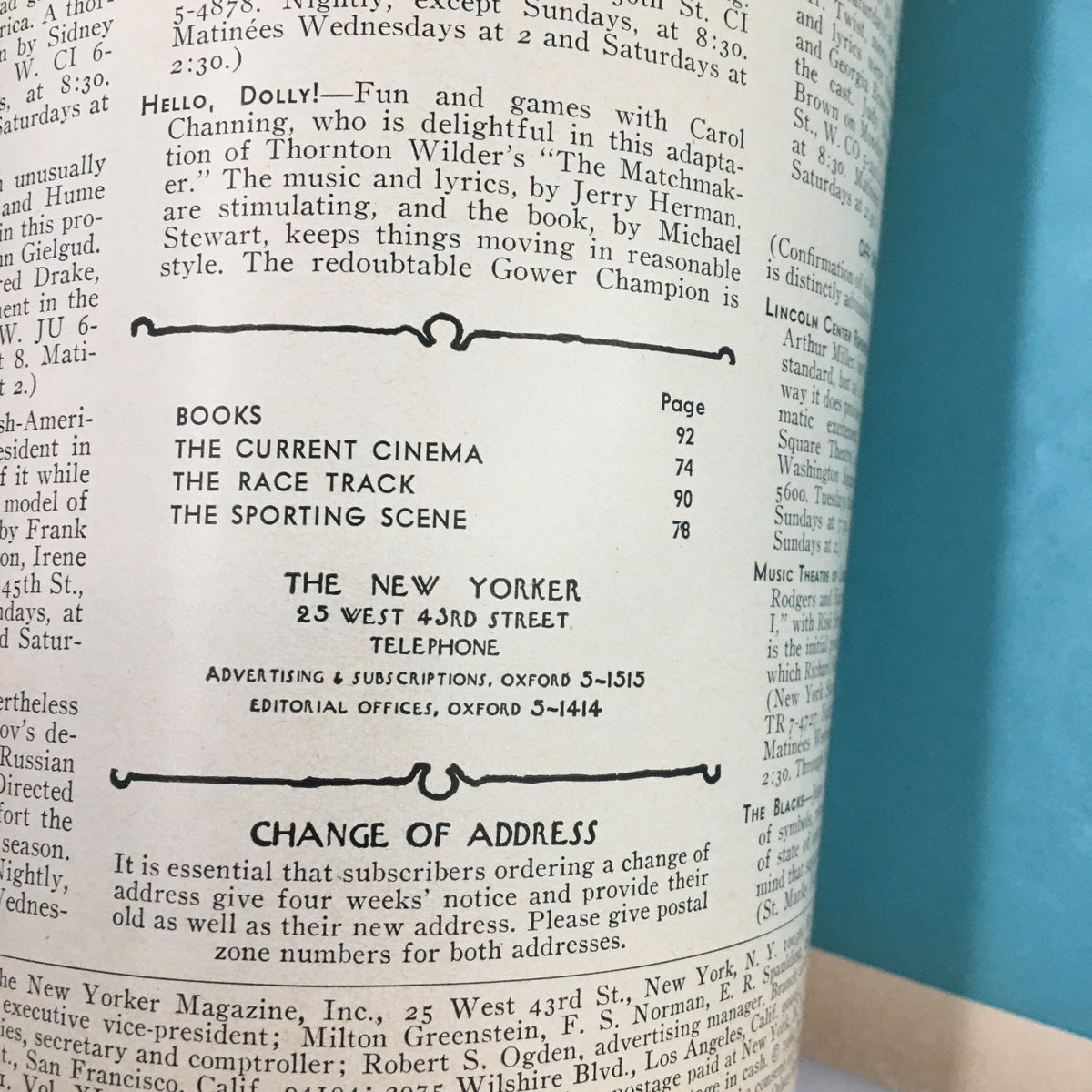 Page overview from The New Yorker Magazine July 11 1964, detailing articles and advertisements featured in the issue.