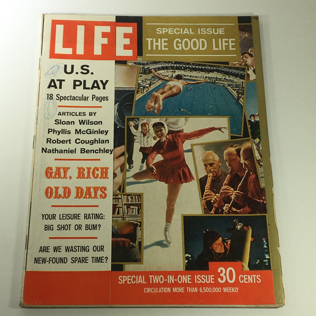 Cover of VTG Life Magazine December 28 1959 Special Issue The Good Life featuring articles about leisure activities and play in the U.S. The cover showcases various images of sports and leisure, prominently displaying the magazine title and articles.