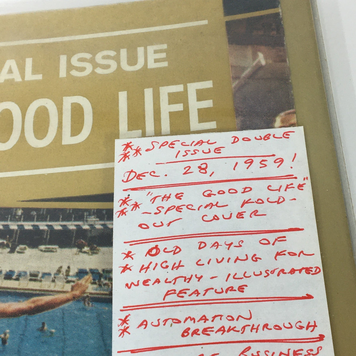 Cover of VTG Life Magazine December 28 1959 The Good Life Special Fold Out, featuring an illustrated advertisement and handwritten notes about the magazine's features, including a special double issue and topics like high living for the wealthy.