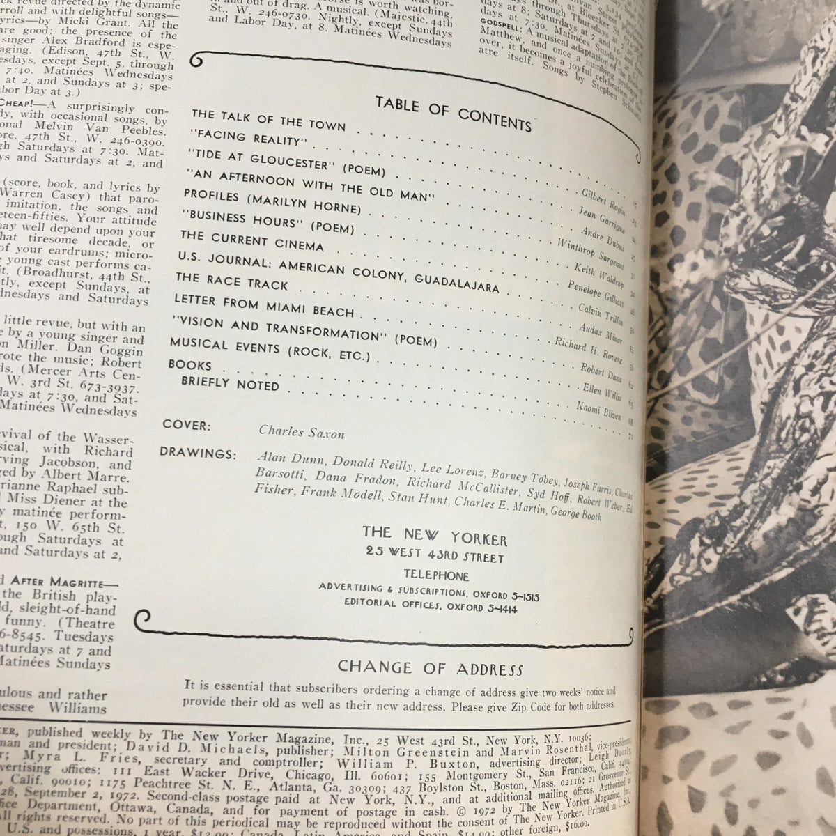 Inside page of The New Yorker Magazine September 2, 1972 displaying the table of contents and cover credits, highlighting Charles Saxon's contribution.