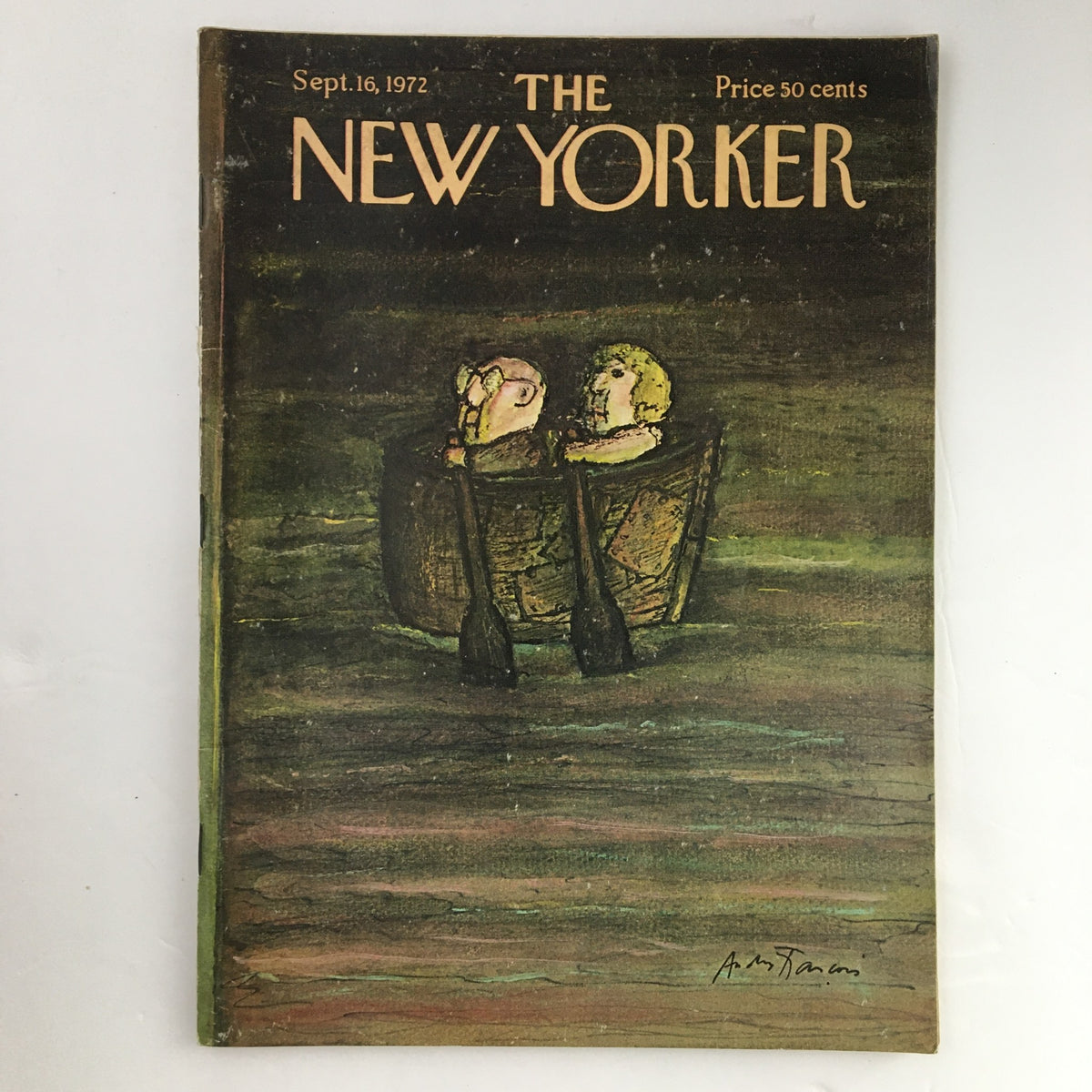 Cover of The New Yorker Magazine from September 16, 1972, featuring a whimsical illustration by Andre Francois, depicting two people in a boat with paddles on a calm water background.