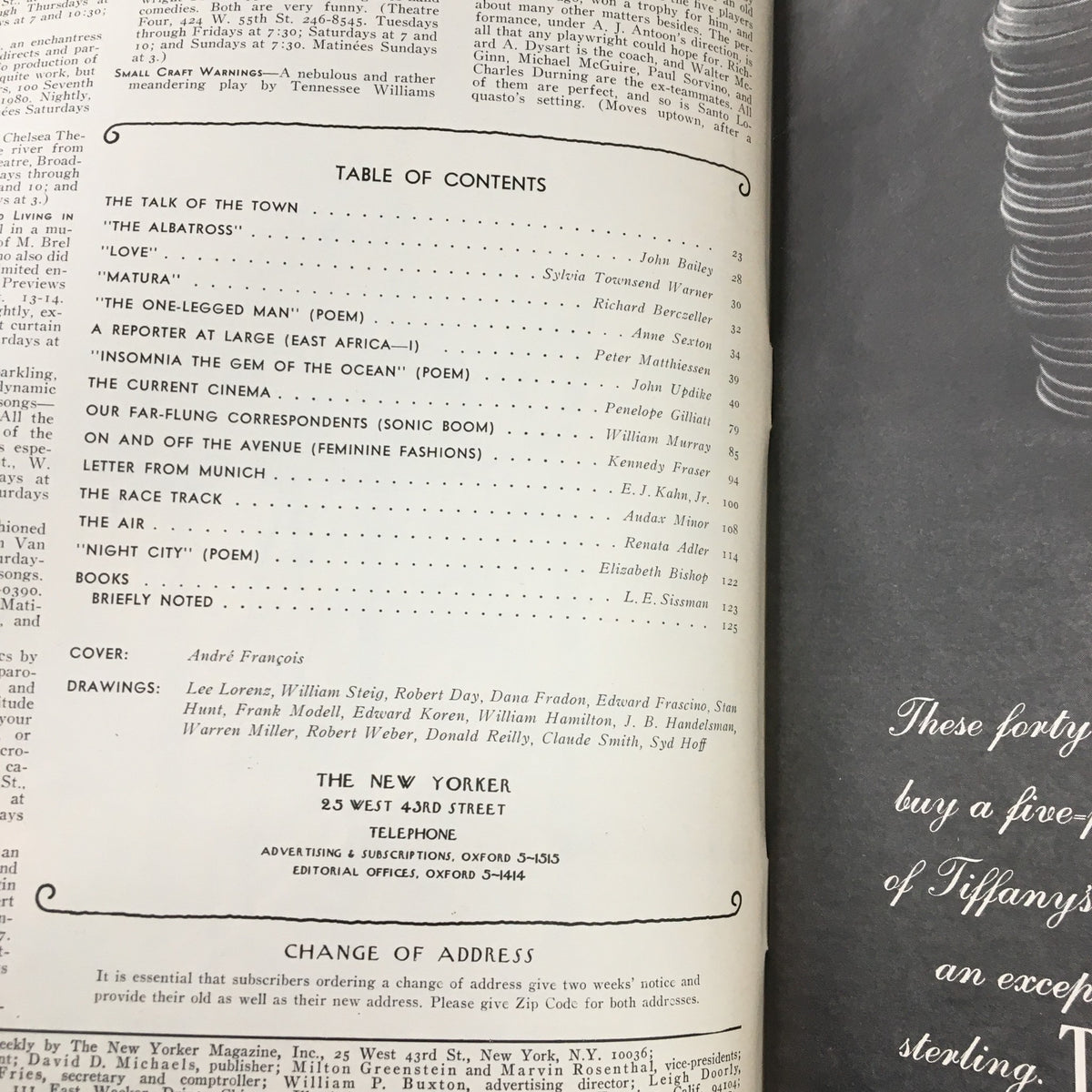 Table of contents from The New Yorker Magazine September 16, 1972 featuring cover art by Andre Francois, listing various articles and poems.