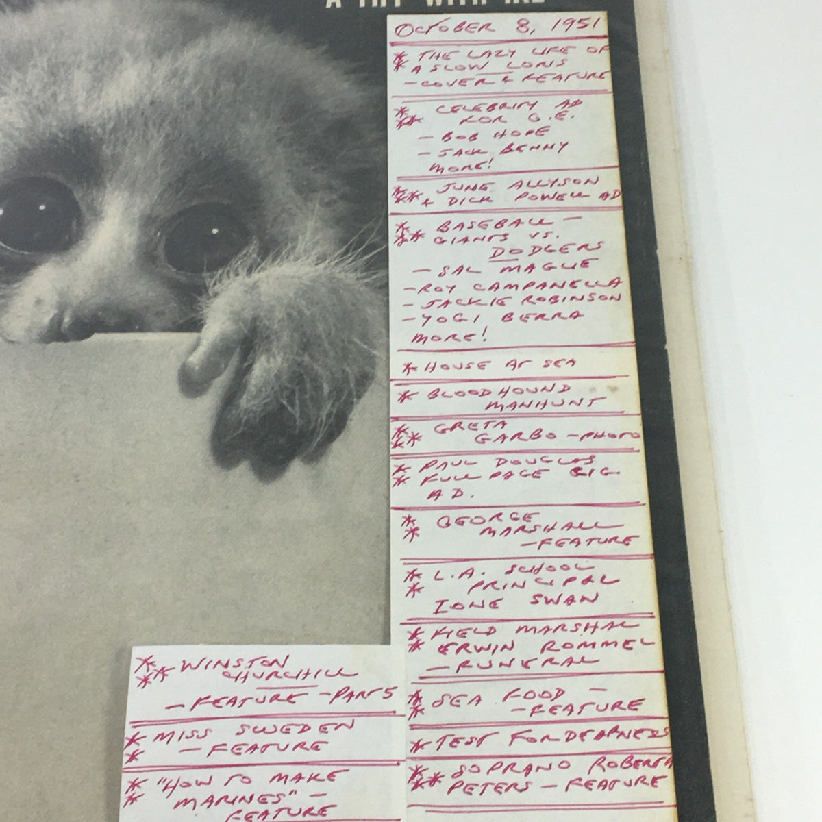 VTG Life Magazine October 8 1951 cover featuring Winston Churchill with a glimpse of articles listed beside a cute loris pet. This vintage magazine showcases historical significance and captivating topics.
