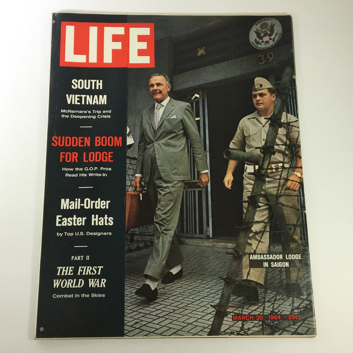 Vintage Life Magazine cover from March 20, 1964 featuring Henry Cabot Lodge Jr. in Vietnam, highlighting key events of the era such as South Vietnam and the First World War.