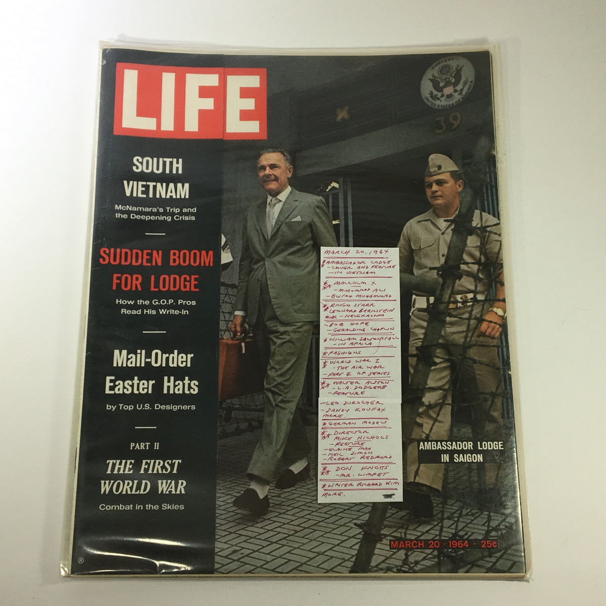 Life Magazine cover from March 20, 1964 with handwritten notes, featuring Henry Cabot Lodge Jr. in Vietnam, showcasing significant historical context.