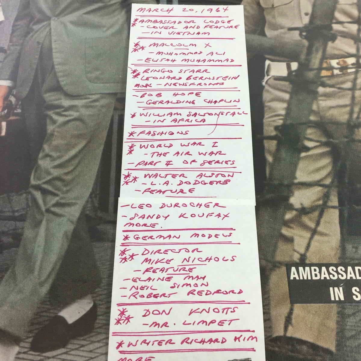 Interior image of Life Magazine from March 20, 1964 displaying a detailed list of articles, including coverage on Henry Cabot Lodge Jr. in Vietnam.