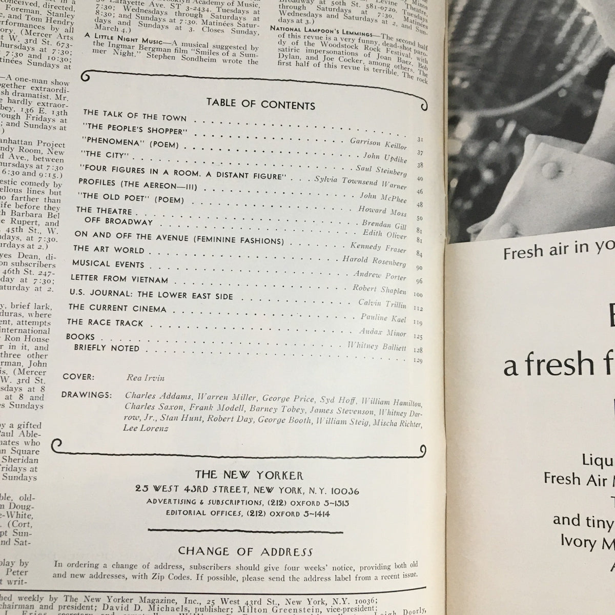 Table of contents from The New Yorker Magazine February 24 1973 featuring articles on ‘Phenomena’, theatrical reviews, and more. Vintage magazine layout showcasing iconic illustrations by Rea Irvin.