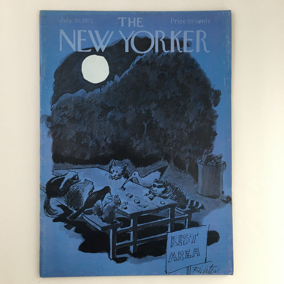Cover of The New Yorker magazine dated July 30, 1973, featuring a full cover theme artwork by Mischa Richter, depicting animals gathered around a table under a moonlit sky.