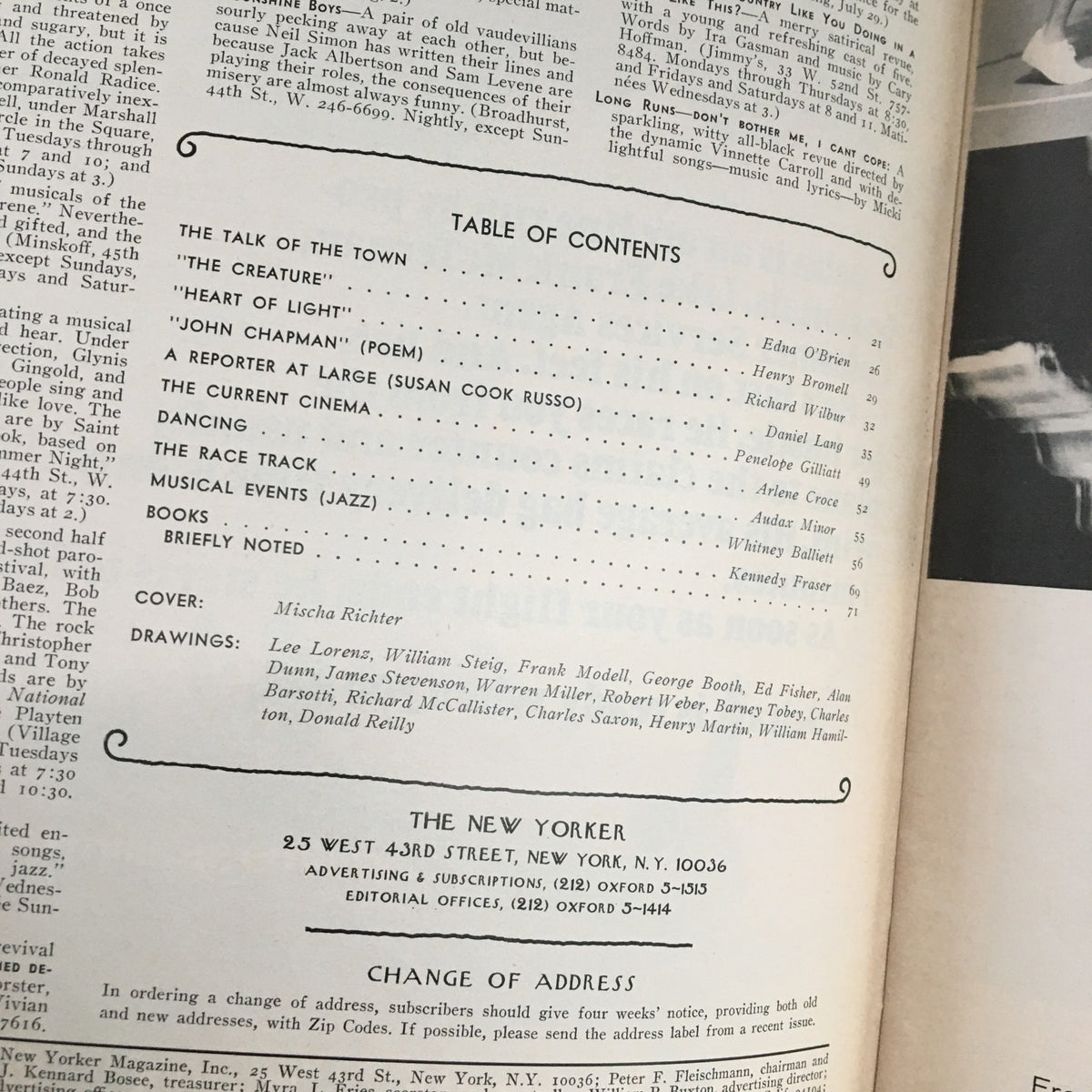 Table of contents from The New Yorker magazine, July 30, 1973, listing articles and features including contributions from Mischa Richter, showcasing the magazine's structure and notable content.