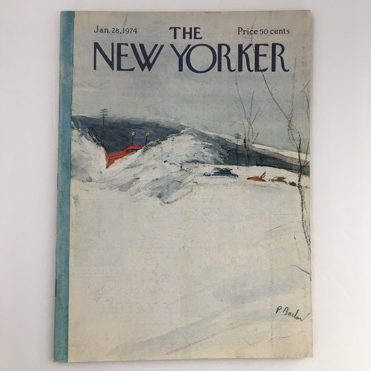 The New Yorker Magazine January 28 1974 full cover featuring artwork by Perry Barlow, showcasing a snowy landscape with vehicles.